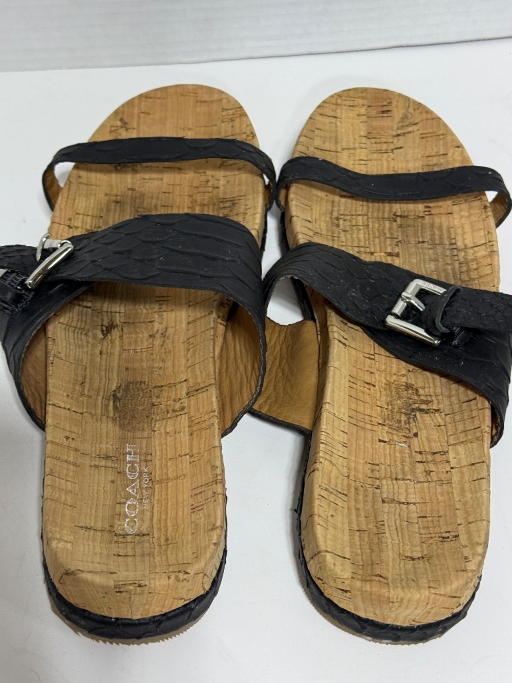 Coach Sunny Black Leather Strap Sandals Size 9.5 B Cork Sole Authentic Shoes